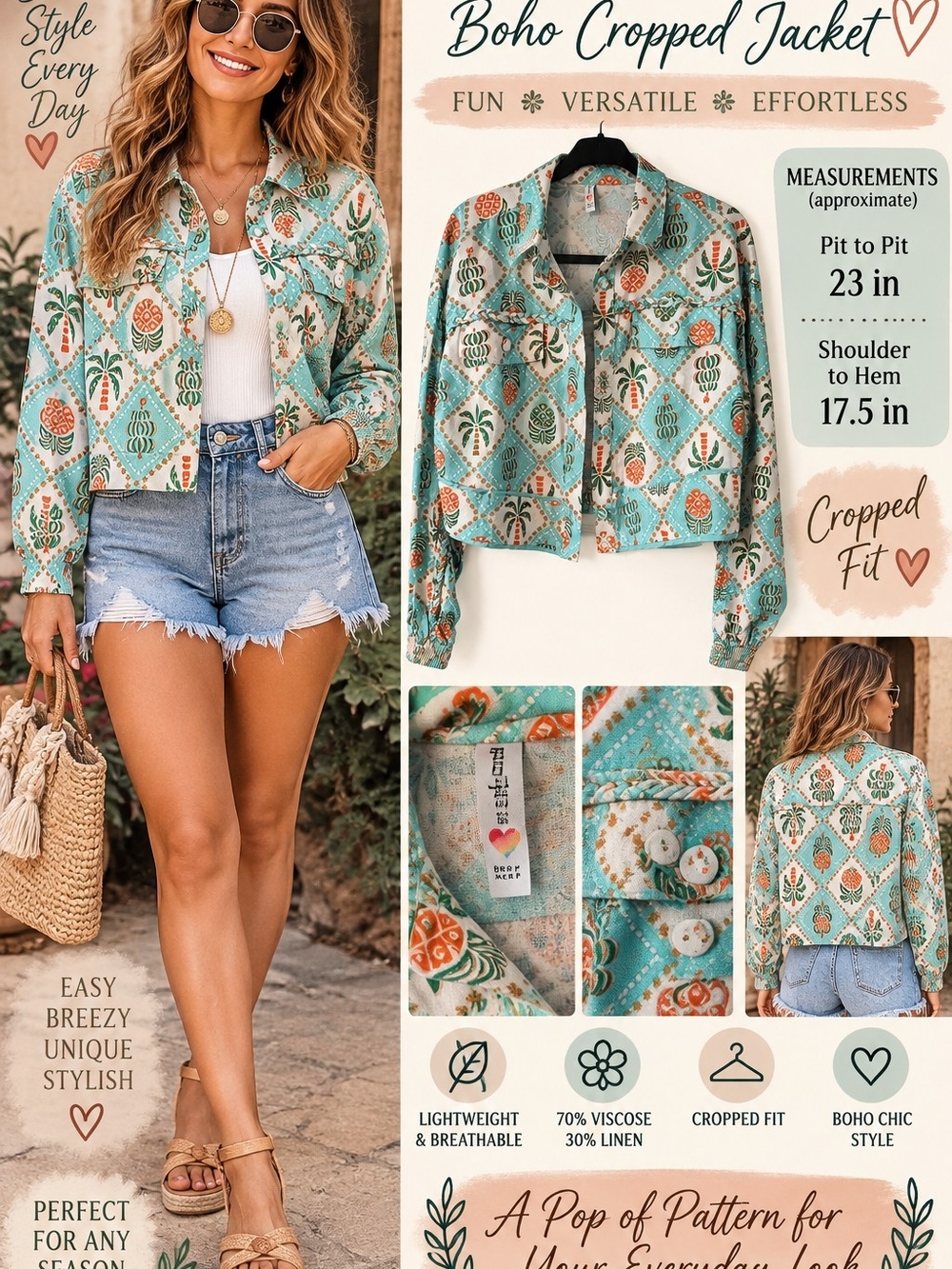 Boho Cropped Jean Jacket - Turquoise Floral